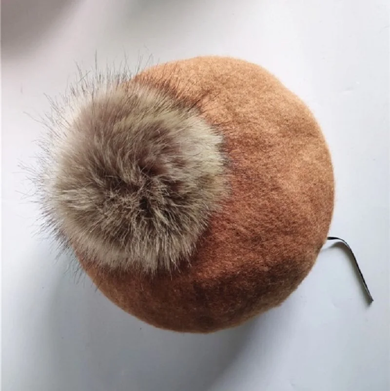 2021 Fashion Winter Children Wool Soft Beret Caps Autumn Women\'s Casual Polyester Fur Pom Pom Beret Caps Hats Gorras