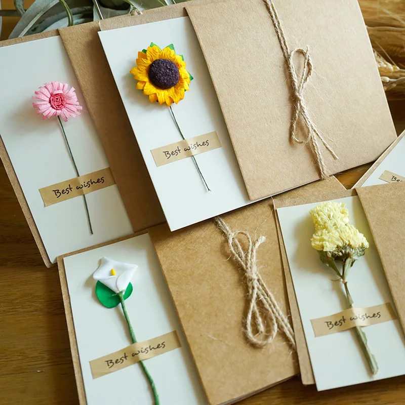 New Year Gift Cards Dried Flower Invitations Birthday Wedding Party Christmas Greeting Best Wishes DIY Folding Card Postcards