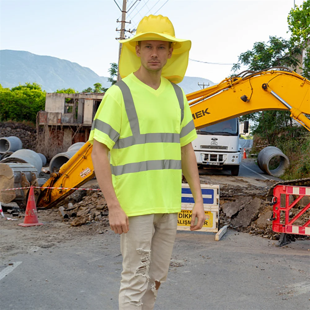 Aykrm oi vis t-camisa reflexiva segurança v pescoço secagem rápida ajuste workwear colete fluorescente amarelo trabalho topos engenheiro de