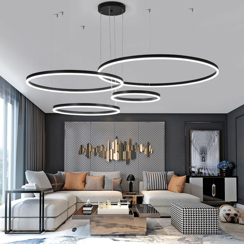 

Living room chandelier 2021 new simple modern atmosphere home round dining room lamp black ring light LED Hanging light fixture