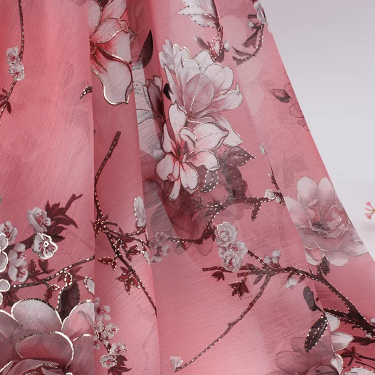 150cm Width Soft Deep Pink Plum Printed Bronzing Chiffon Tulle Fabric for Sewing Dress Shirts Clothes Material By The Yard