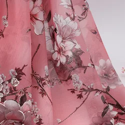 150cm Width Soft Deep Pink Plum Printed Bronzing Chiffon Tulle Fabric for Sewing Dress Shirts Clothes Material By The Yard