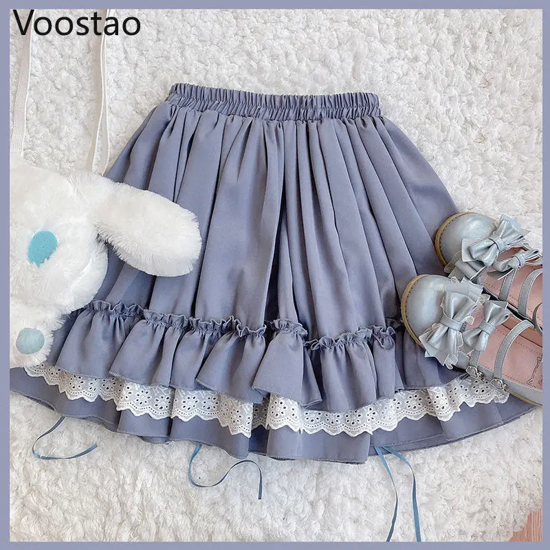 Japanese Sweet Chic Lolita Style Mini Cake Skirts Vintage Cute Women Lace Ruffles JK Skirt Girly Kawaii High Waist Tiered Skirt