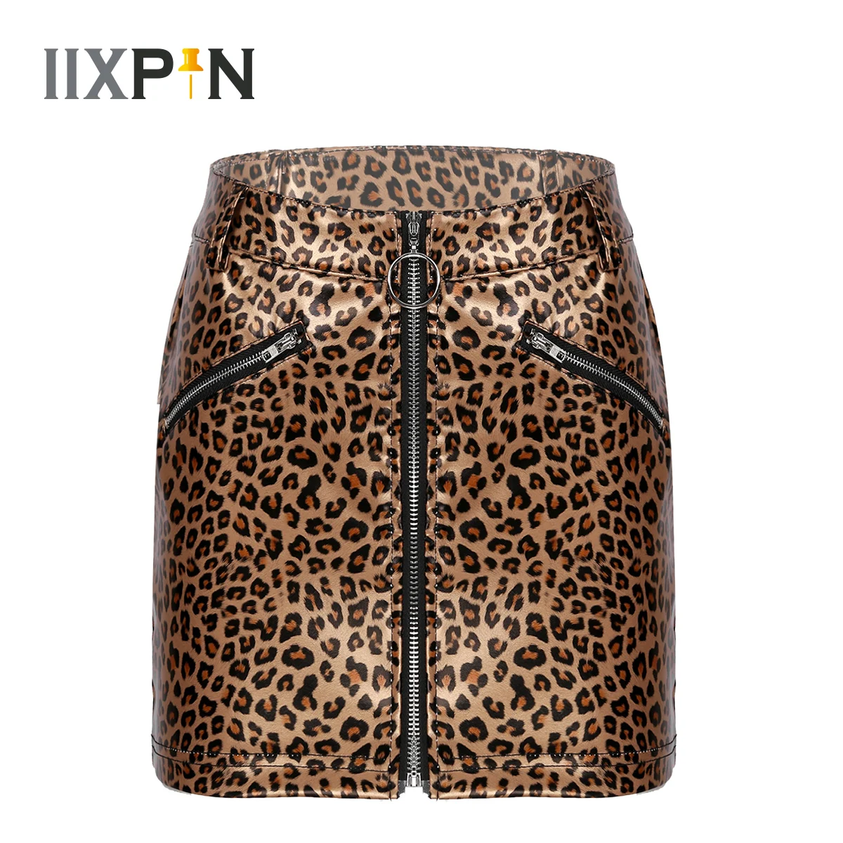 

Faux Leather Leopard Sexy Mini Skirts for Women's Wetlook Fake Zipper Pockets Bodycon Miniskirt Fashion Cocktail Party Clubwear