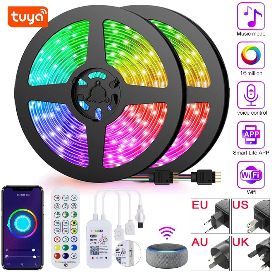 

12V LED Strip RGB Lights 5050 Diode Tape 5m 10m 15m 30m Led Ribbon Adhesive With Remote Bluetooth Wifi Controller Bedroom Decor