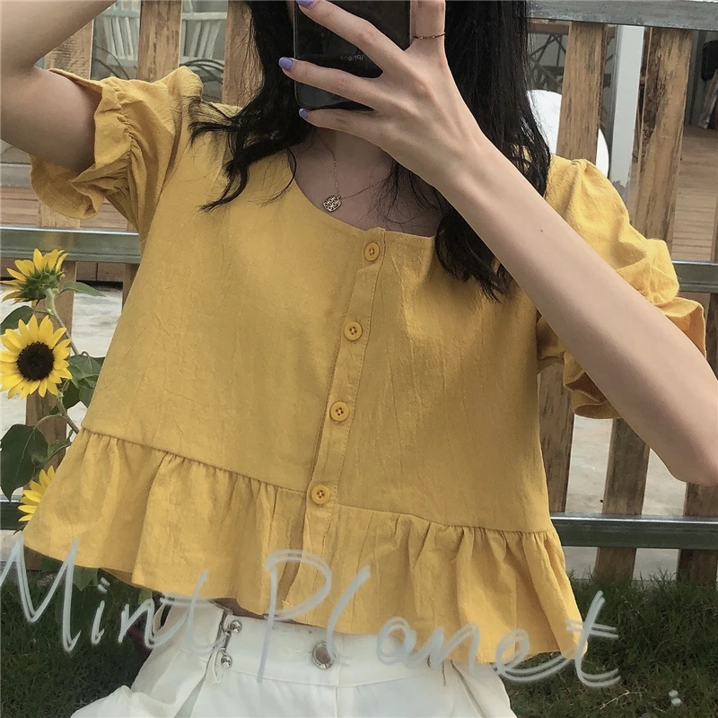 Shirts Women Ruffles New Sweet Style Summer Ulzzang Travel Basic Solid Crops Tops Popular Slim Casual Female Holiday Mujer Soft