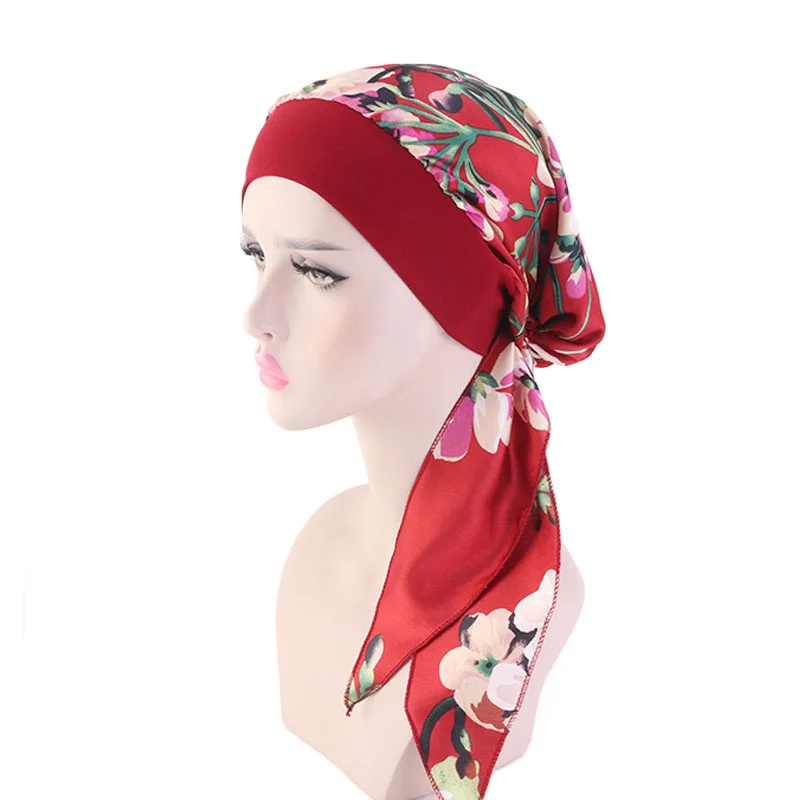 Solid Color Pre-tie Printed Turban For Women Wide Band Beanies Female Stretch Bandana Headwear Night Sleep Hats Cancer Chemo Cap