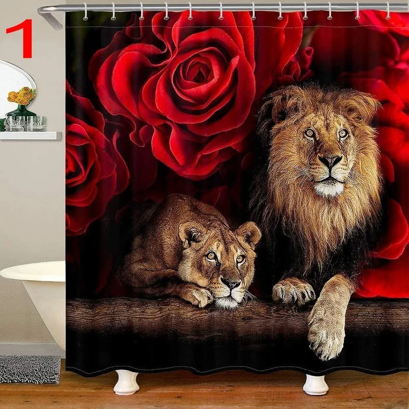 Waterproof Fabric Bathroom Decor Sets with Hooks, Wild Animal Shower Curtain, Lion, Tiger, Leopard, Flower Theme, Washable