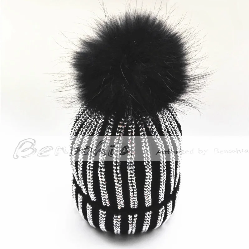 Rhinestone decorative Black Fur Pompoms Knitted hats Beanies Winter Warm knitting skullies caps for Chrismas gift