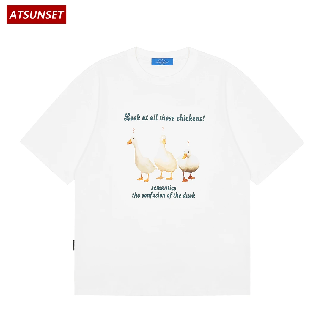 ATSUNSET Three Big White Ducks Print Country Style T-Shirt Hip Hop Streetwear Harajuku Tees Spring Summer Cotton Pullover Top