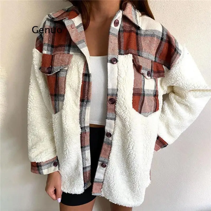 

Winter Women Shirt Vintage Oversize Plaid Shirt Pockets Long Sleeve Turn-Down Collar Thick Blouse Autumn Casual Warm Outwear