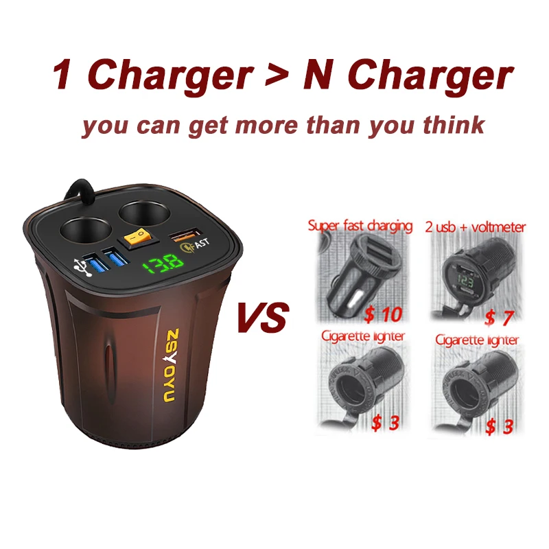 Car Charger Cigarette Lighter Adapter Splitter 2 Socket 80W QC3.0 Fast Quick charge USB 4.2A Cup Holder Voltmeter On/Off Switch