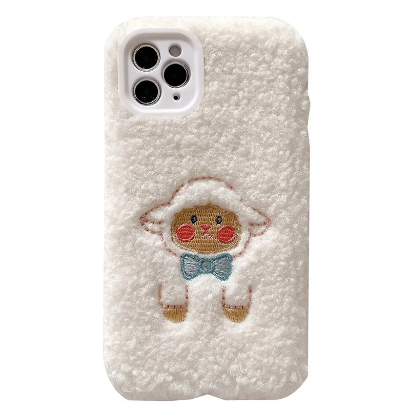 Plush Warm Case for iphone 14 13 12 Pro Max Case Furry Fluffy Embroidery cute sheep cover for iphone 6 7 8 Plus X XSMAX XR coque