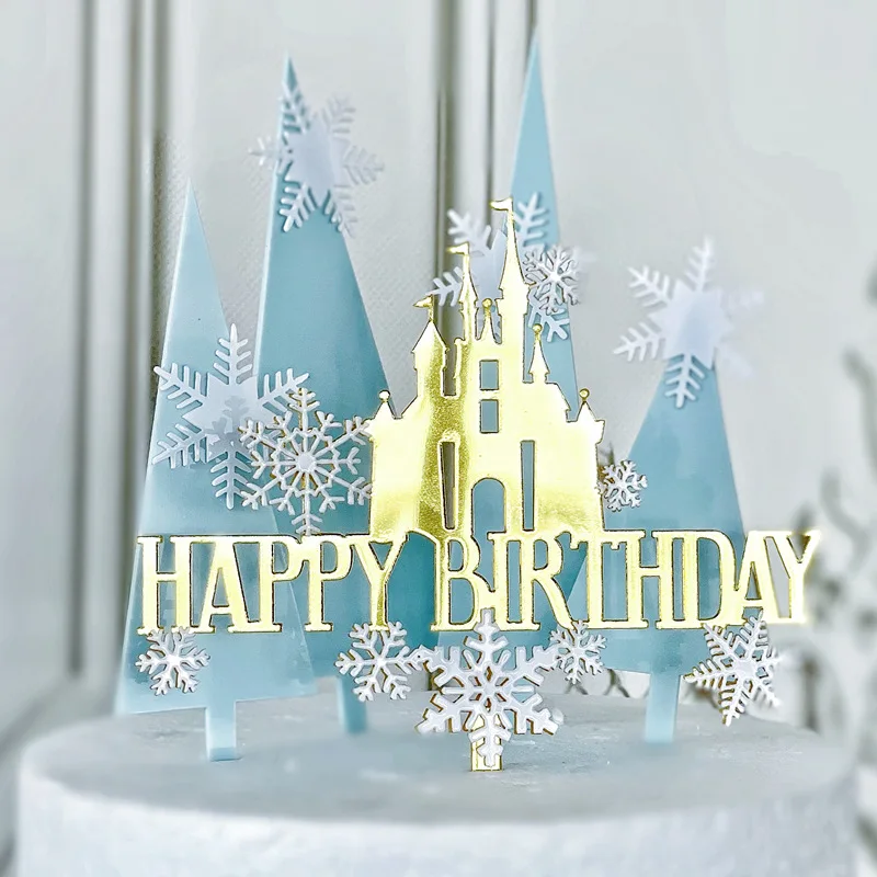 Happy Birthday Cake Topper Snowflake Castle Cake Decoration Acrylic Blue Christmas Tree Cupcake Toppers Decoration Baking