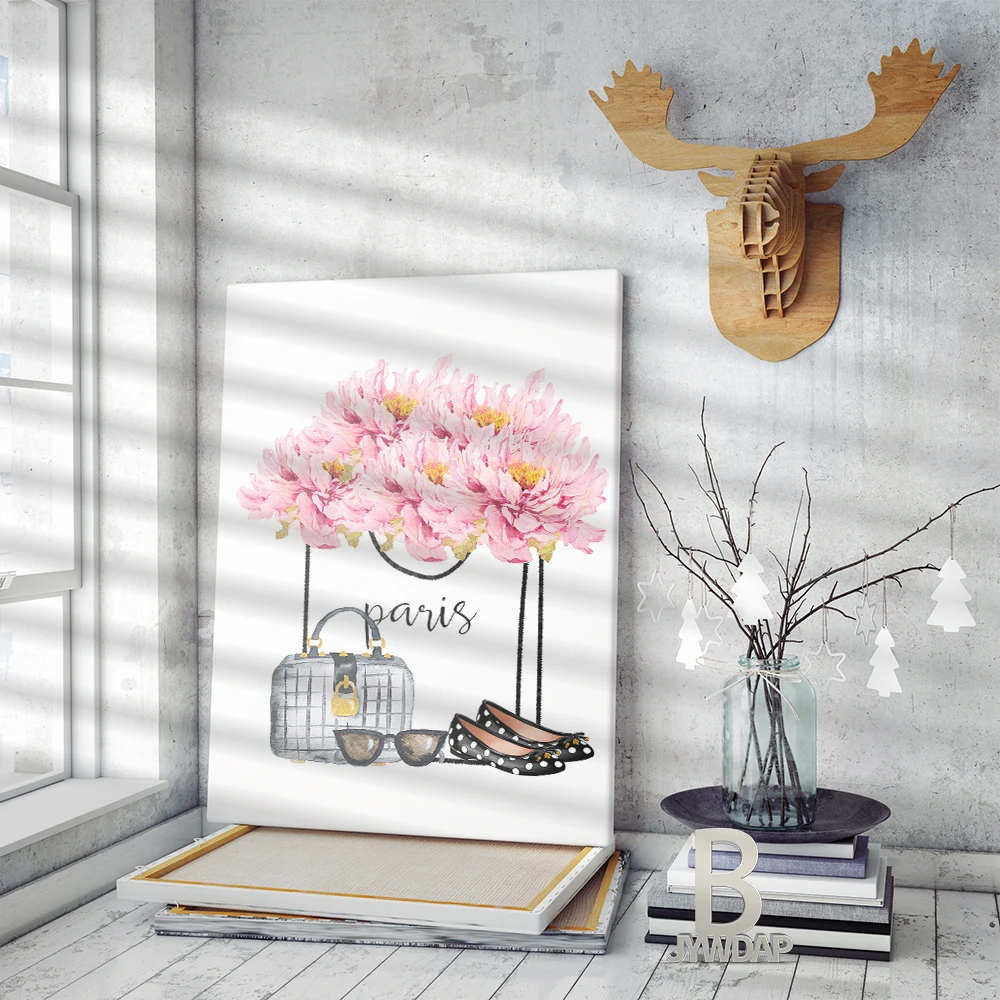 Make Up Bag Posters White Pink High Heels Fashion Sunglasses Style Wall Art Print Lipstick Flower Pictures Girl Bedroom Decor
