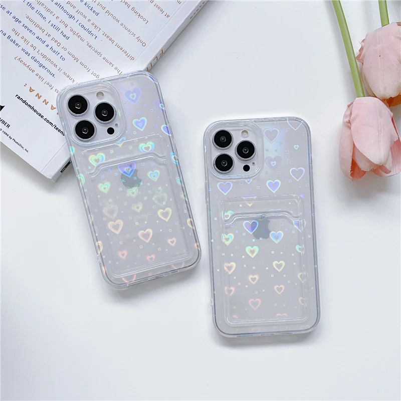 Cute Laser Love Heart Card Holder Case For iPhone 16 15 14 13 12 11 Pro Max XS X XR 7 8 Plus SE 2 Mini Clear Wallet Soft Cover