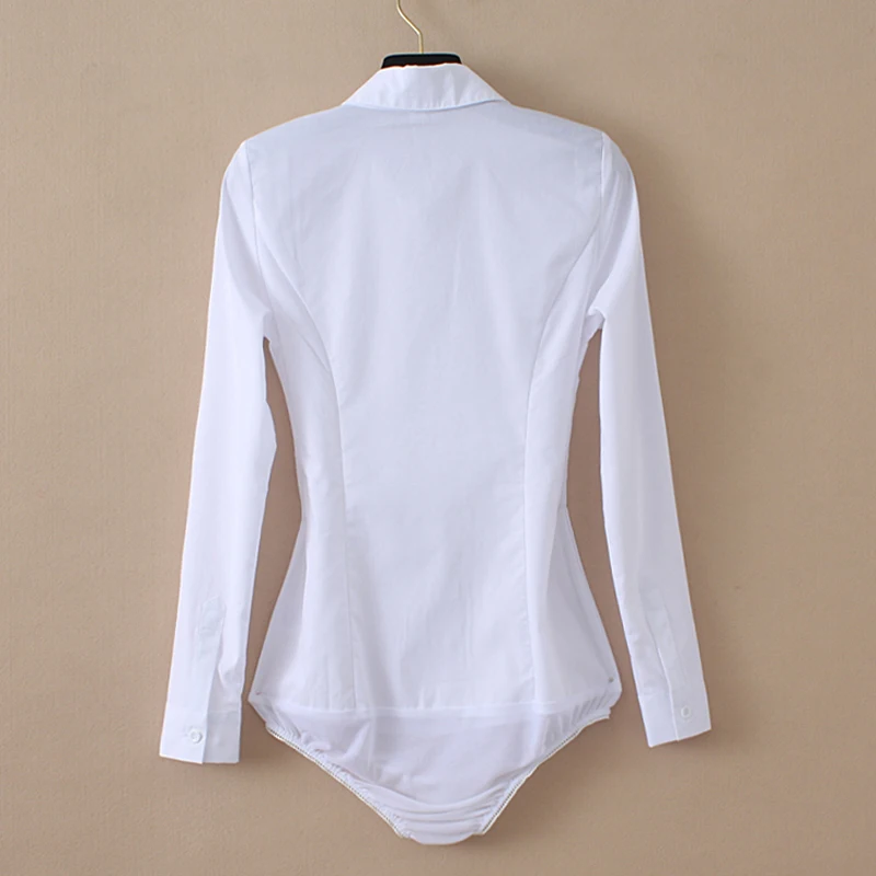 Pure White Cotton Bodysuit Women Tops and Blouses Long Sleeve Turn-down Collar Pleated Button Up Office Shirts with Panties XXXL