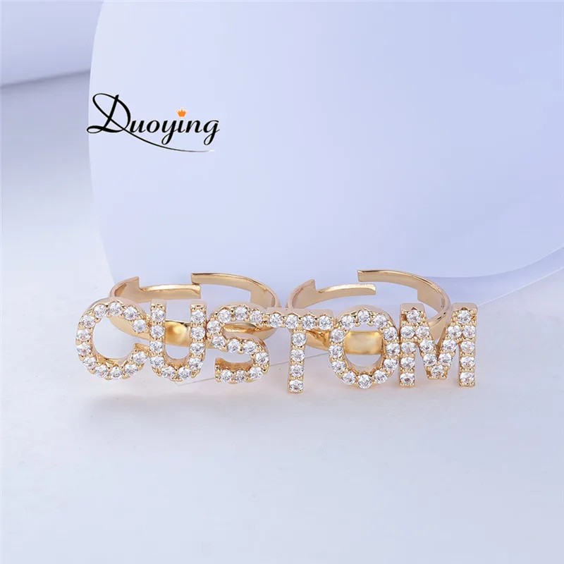 DUOYING  Custom Zircon Letters Rings Initial A - Z Alphabet Letter Adjustable Rings Full Zircon Open Ring  Lovely Gift for Women