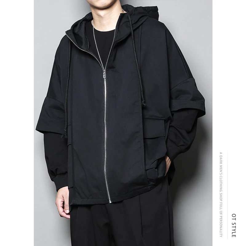 

Dark Japanese fake two-piece zipper special cutting design jacket jacket work clothes casual loose hooded sweater