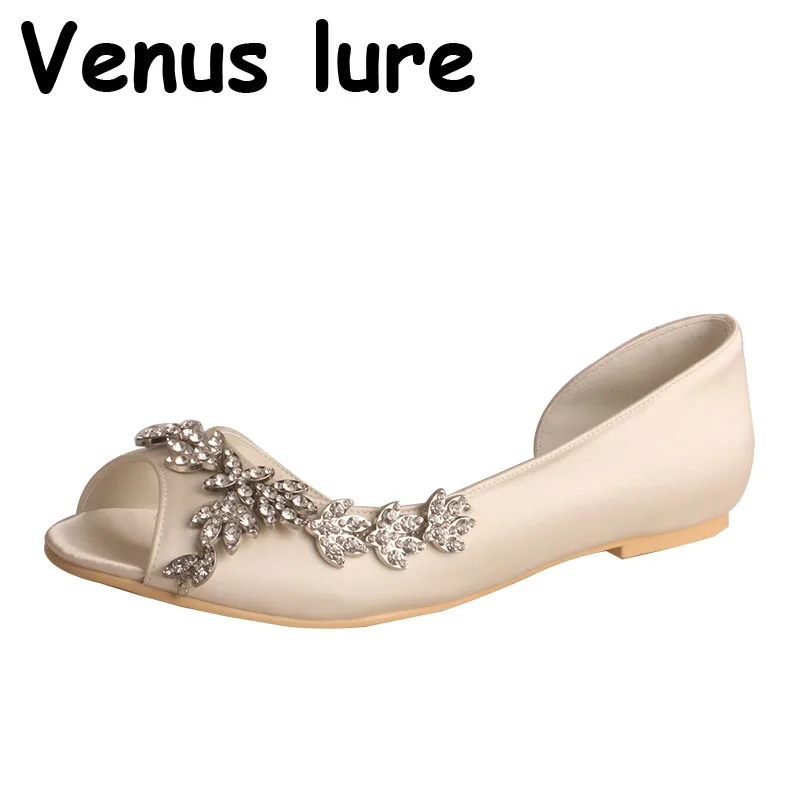 22 Colors Womens Flat Party Shoes Peep Toe with Rhinestone Ivory Color Fabric