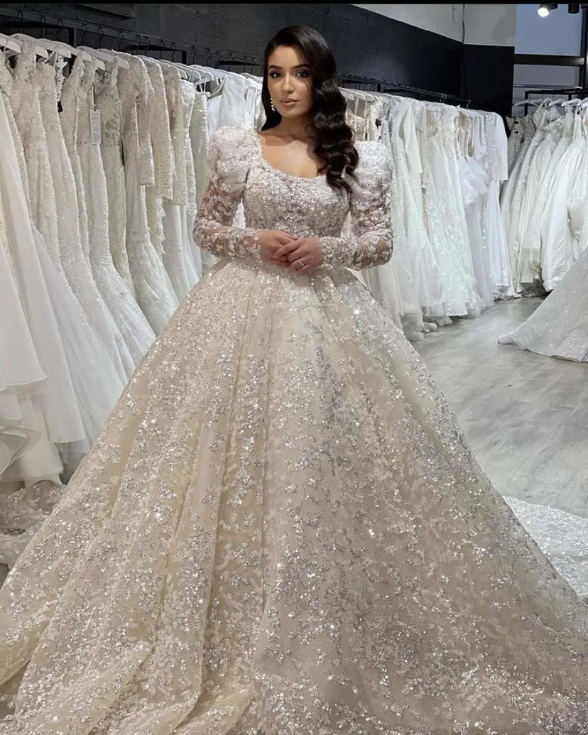 

Luxury Wedding Dress Square Beaded Bling Shinny Sequin Lace Long Sleeve Ball Gown Princess Robe De Mariee