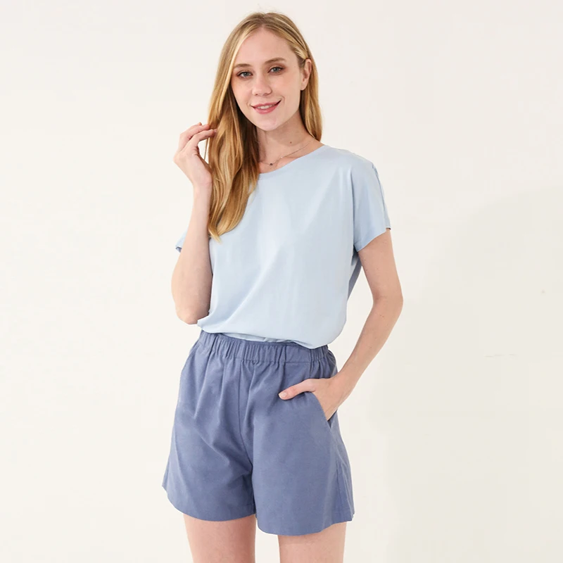 Women's Cotton Shorts Summer New Style Solid Color Loose Elastic Waist Casual Pocket Shorts Female Clothing