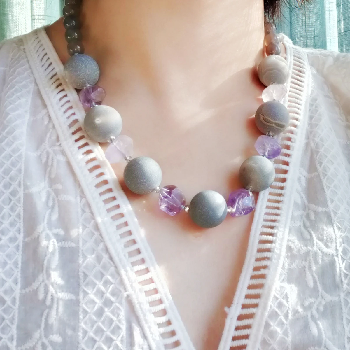 

LiiJi Unique Natural Stone Grey Agatess Amethysts Necklace Fashion Jewelry 55cm/22inches Women Jewelry Necklace