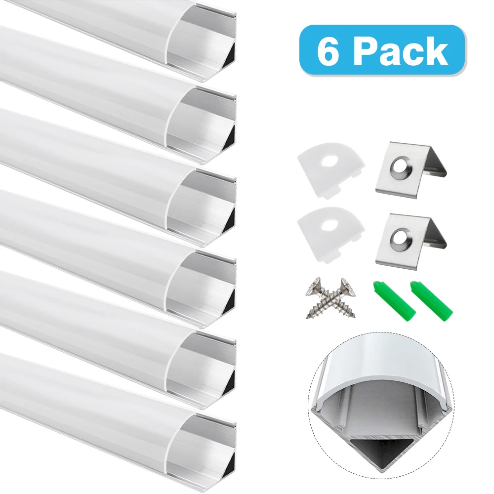 

6Pack 1M(3.3ft) Silver 601 V-Shape LED Aluminum Channel Corner Profile w/ Milky White Cover for 10mm Wide LED Strip Installation