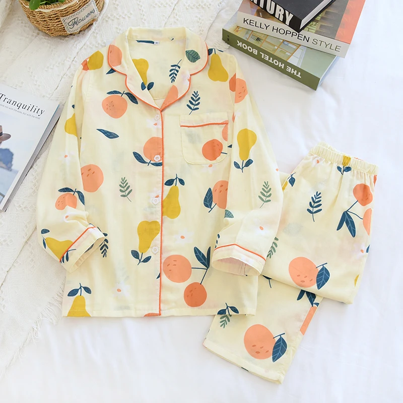 Women Cute Sweet Style Spring Loose Comfortable Soft Pajamas Set Breathable Cotton Yellow Print Pajama Loungewear Sleepwear