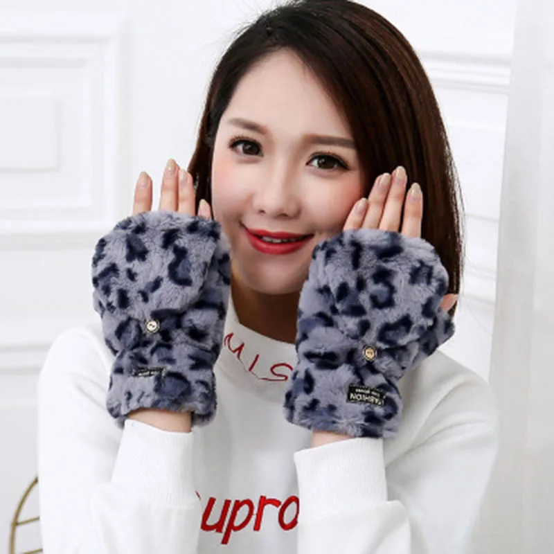 New fashion ladies leopard print plush touch screen gloves girls plus velvet thickened student clamshell gloves E20