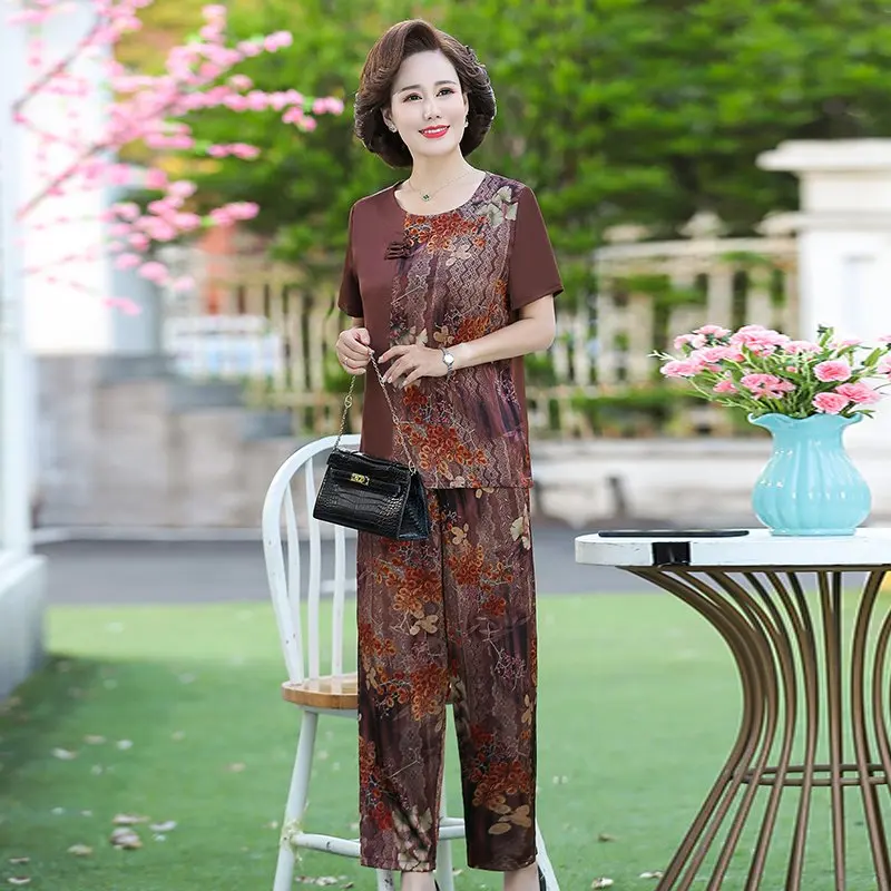 Women Sets 2 Pieces Emulation silk Clothing Set Large Size Summer Middle aged mother Floral Printed T-shirt Tops+Pants