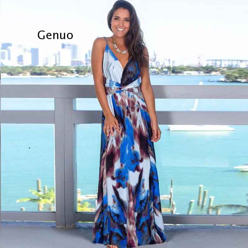 Boho Summer Dress Women Multicolor V-Neck Maxi Dress Long Dresses for Women  Clothing Sexy Party Woman Dress New Robes