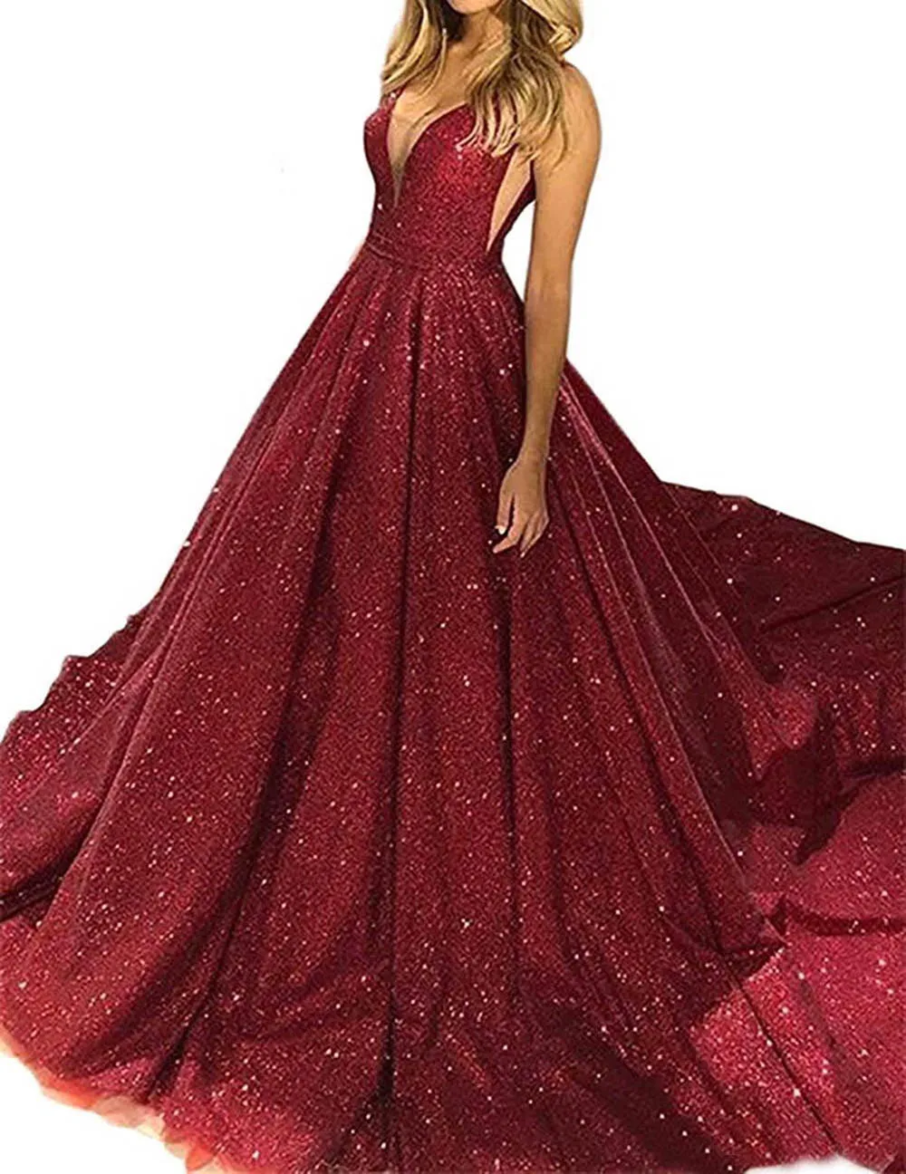 

Dark Red Gorgeous A Line New Evening Dress Plus Size V-Neck Backless Sleeveless Sequined Prom Party Gown Formal Dresses Custom