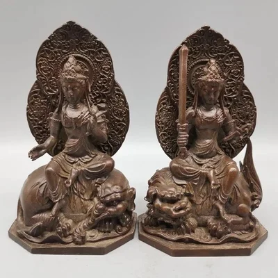 A set of decorative ornaments with two statues of ancient Puxian Manjusri Bodhisattva in red copper