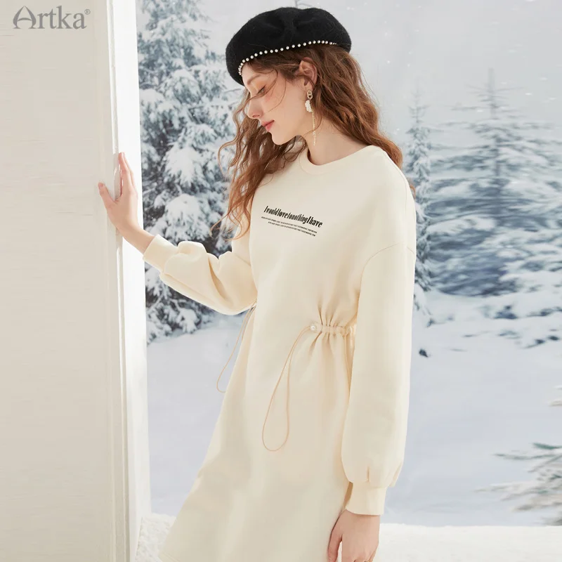 ARTKA 2021 Winter New Fashion Casual Letter Print Sweatshirt Dresses Long Sleeve Plus Velvet Midi White Dress Women ZA20118D