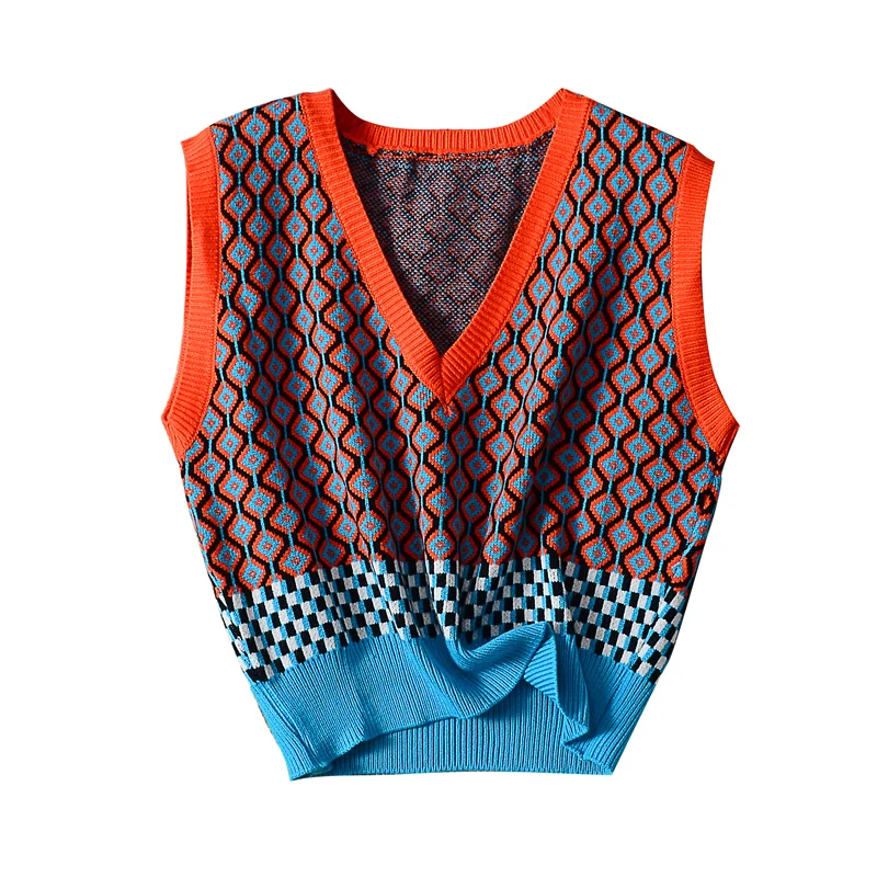 2024 Vintage Argyle Sweater Vest Women Autumn Winter V Neck Pullover Knitted Vest Sleeveless Jecket Gilet Femme