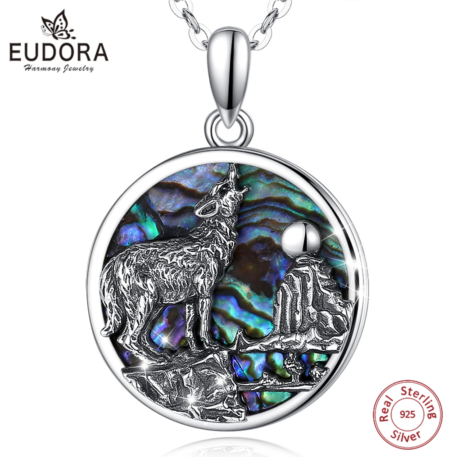 

Eudora 925 Sterling Silver Abalone Shell Wolf Pendant Necklace Mother Oyster Leader Blue Colorful fine Necklace Jewelry mbd023