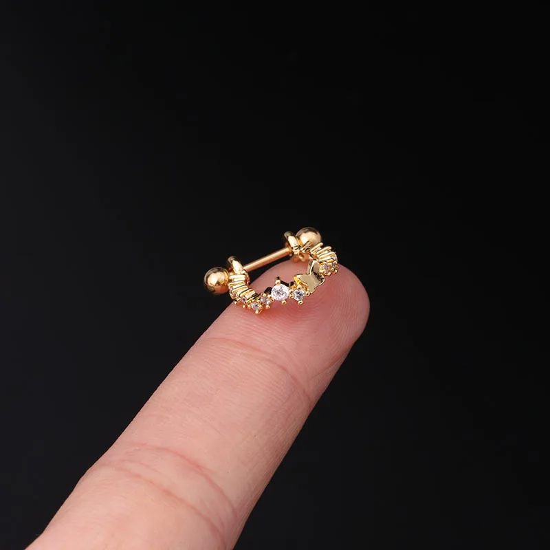 Cute Small Zircon Butterfly Ear Cartilage Piercing Stud Cuff Clip Simple Circle Double Side Steel Helix Bar Earring Ear Jewelry