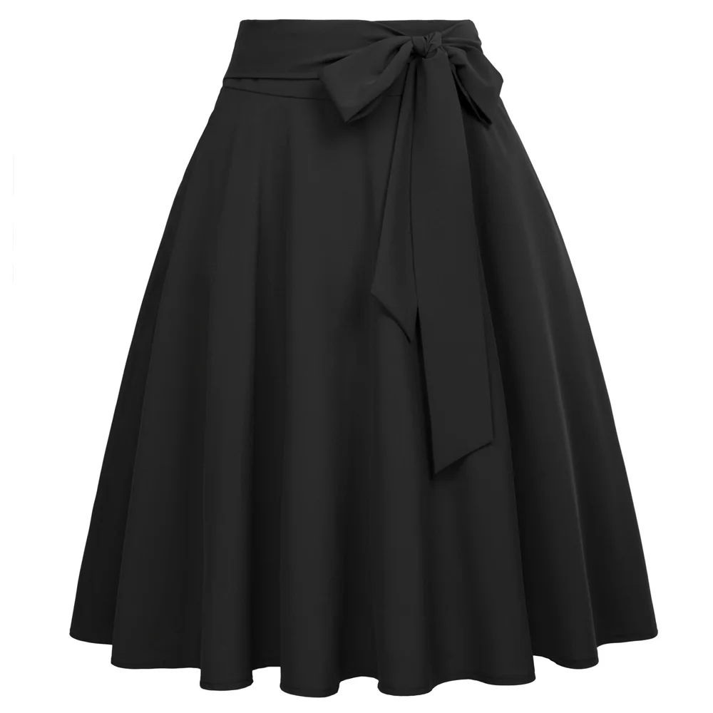 Belle Poque Women Skirts Summer High Waist Self-Tie Bow-Knot Embellished A-Line Skirts Retro Vintage Knee Length Skirts A30