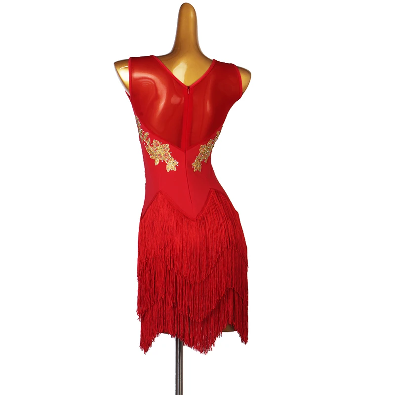 Robe de danse latine pour femmes, élégante, rouge, jupe à franges épaisses, Costumes de concours de salle de bal sur scène