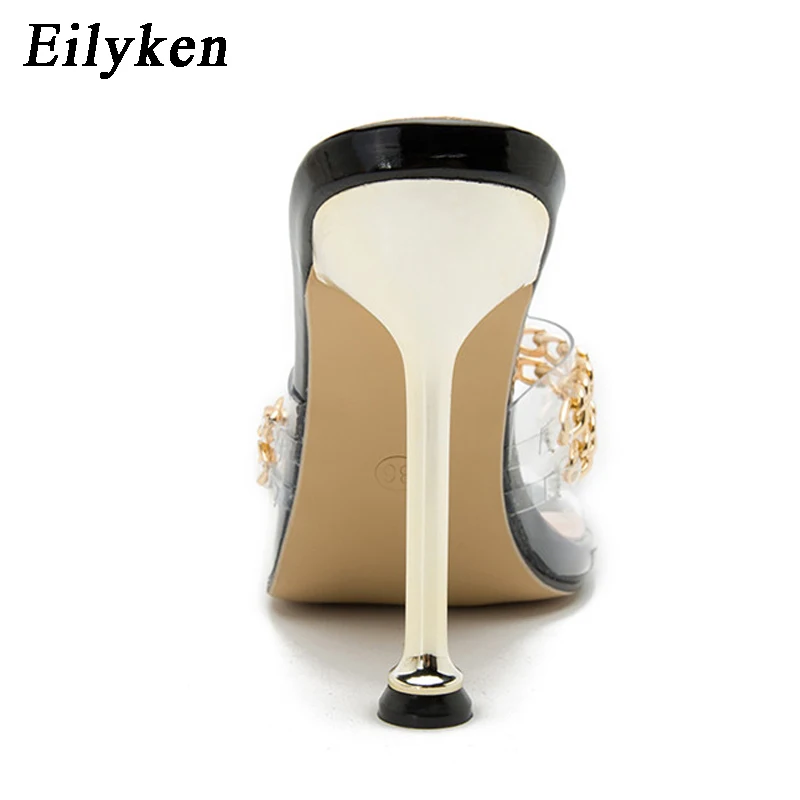 Eilyken New Design Metal Chain Decoration Slippers Women PVC Transparent Square Toe Sandals Sexy Thin High Heels Summer Shoes