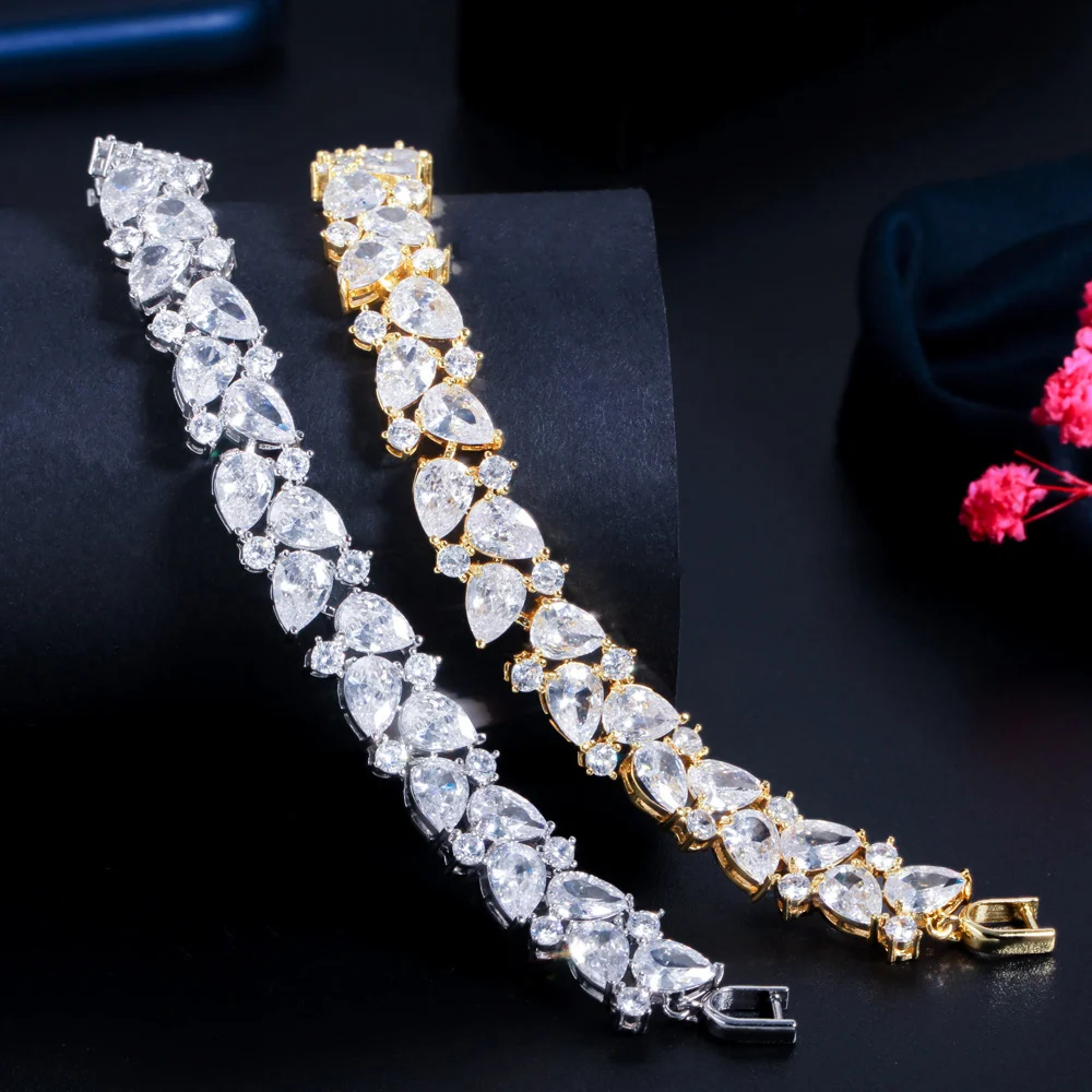 CWWZircons Shiny African Cubic Zirconia Dubai Gold Plated Engagement Wedding Bridal Bracelet Jewelry Accessories for Women CB267