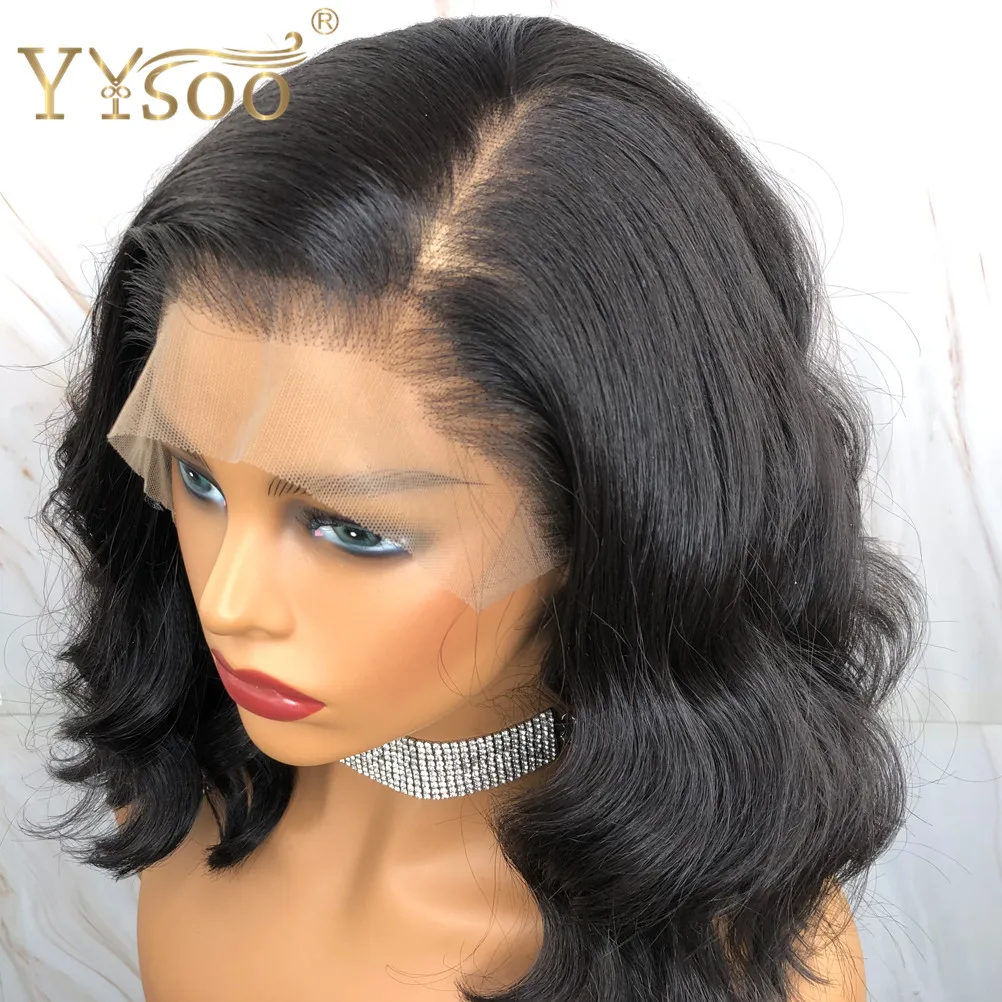 YYsoo Short Black Futura Synthetic Hair 13x4 Glueless Lace Front Wig Side Part Body Wave Black Wigs For Women 4inch Deep Parting