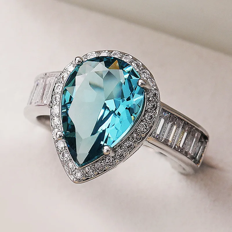 Fashion Water-drop-shaped blue Cubic Zirconia Anniversary Rings For Women Silver color Promise Wedding Ring Gift for Her