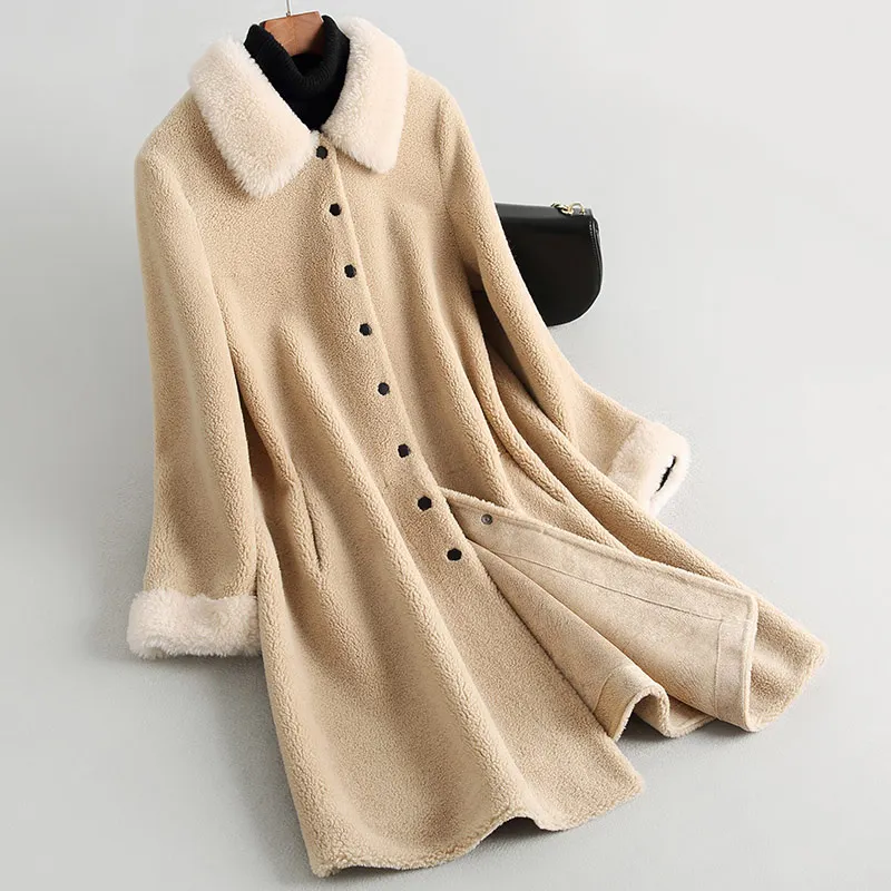 Women Genuine Shearling Wool Fur Coat/Jacket Winter Real Composite Lamb Fur Coat with Faux Suede Leather Liner A111