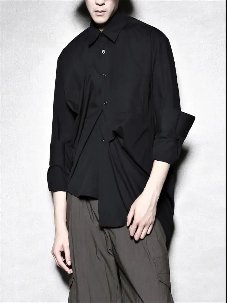 Men's Long-Sleeve Shirt Spring And Autumn New Personality Asymmetric Folding Design Fashion Show Large Size Shirt