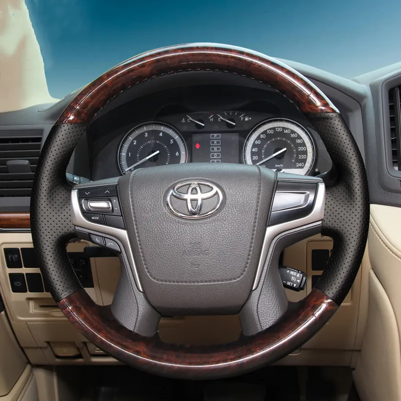 For Toyota 16-20 Land cruiser DIY mahogany square leather steering wheel cover interior modification