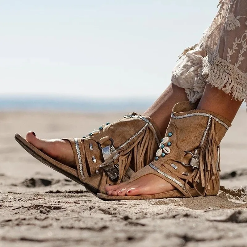 Sandália retrô com franja e flor para mulher, sapatos de praia, casual, sólido, chinelo, verão, 2020