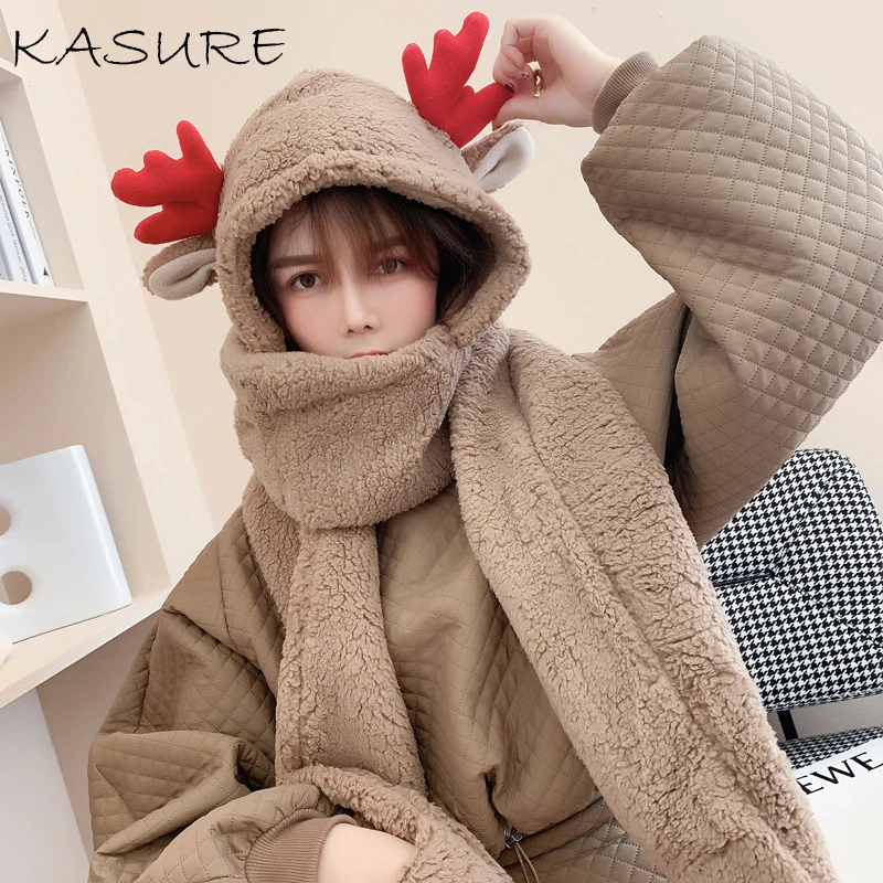 Clearance Fashion Winter Women Warm Novelty Hat Scarf With Deer Ear 3 in 1 Hoodie Earflap Cute Casual Solid Fleece Plush Cap