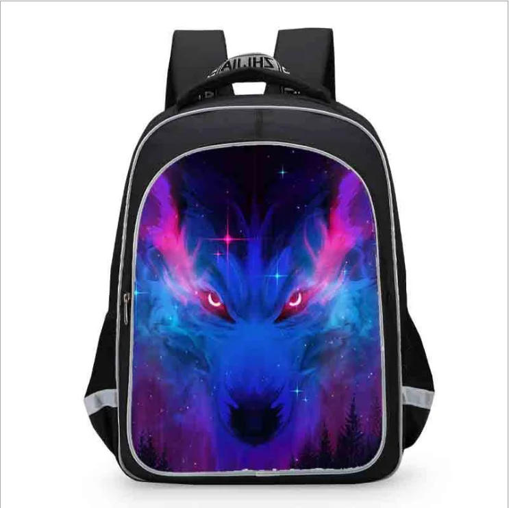 16 inch The black Wolf Printing Satchel Laptop Rucksack Backpack Student School Shoulder Bag Pencil Bag Teenager Travel